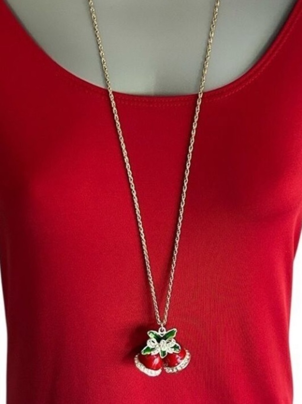 Holiday Red Jingle Bells with Holly Silver Tone Pendant Christmas Necklace